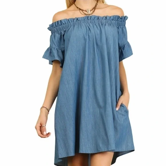 Umgee USA Women’s Size L Sundress Blue Off-Shoulder Ruffled Mini Flutter Sleeve - Picture 1 of 11